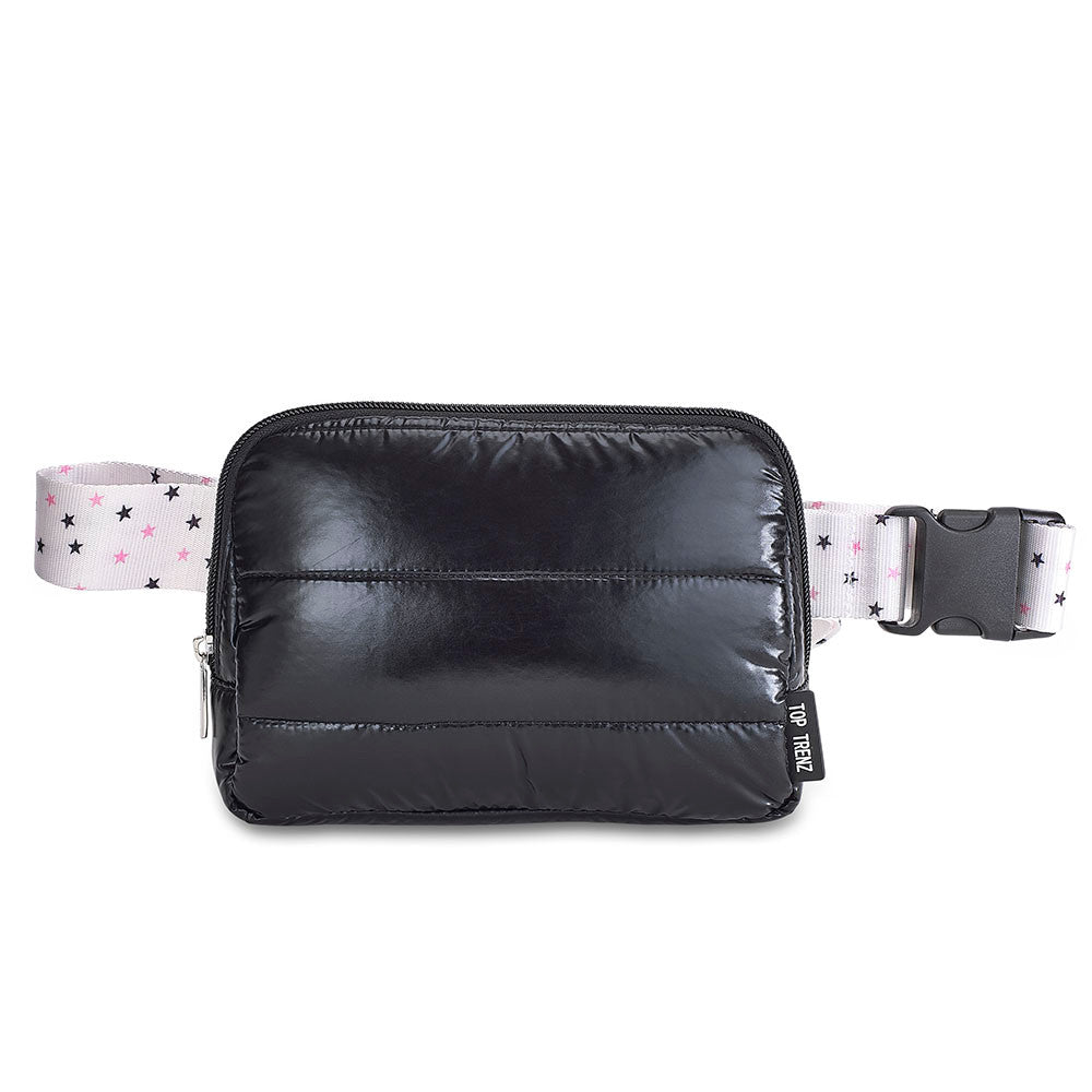 Top Trenz Black Puffer Belt Bag with Twinkle Star Strap – Trendy Crossbody Fanny Pack Bags
