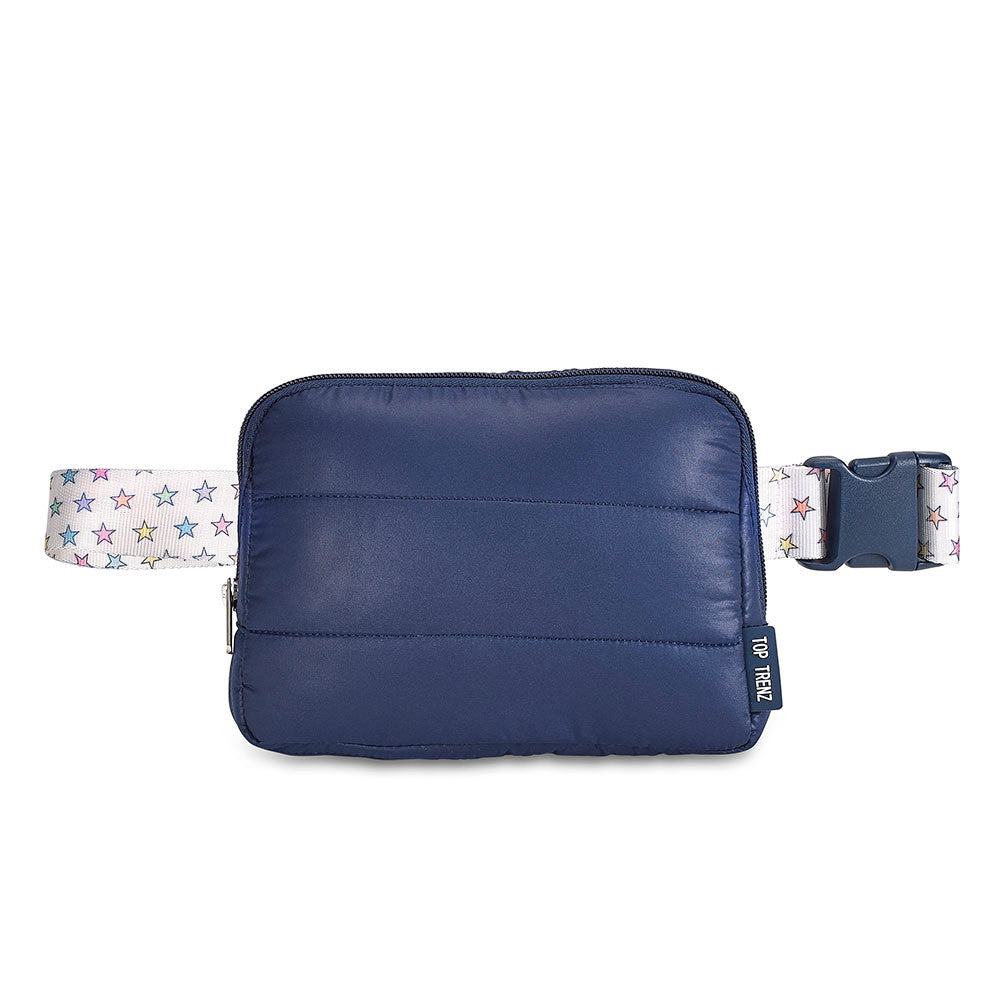 Top Trenz Navy Puffer Belt Bag with Rainbow Stars Strap – Trendy Crossbody Fanny Pack for Girls Bags