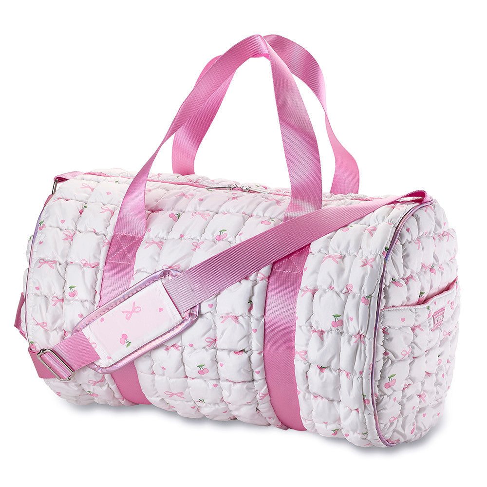 Top Trenz White Scrunchie Puffer Duffel Bag with Bow & Cherry Pattern – Trendy Overnight, Gym & Travel Bag for Girls Bags