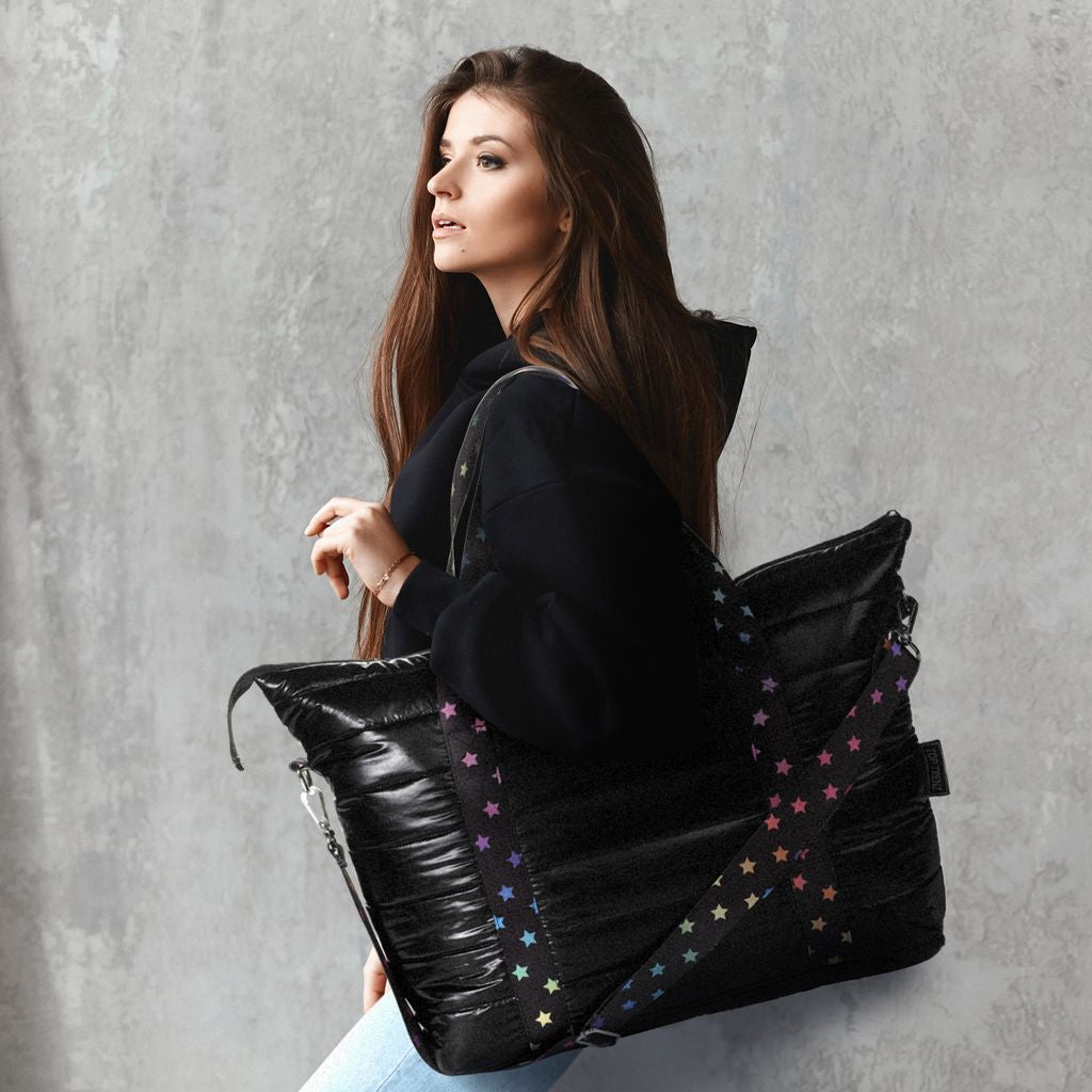 Top Trenz Amazing Black Puffer Tote With Decorative Straps Bags