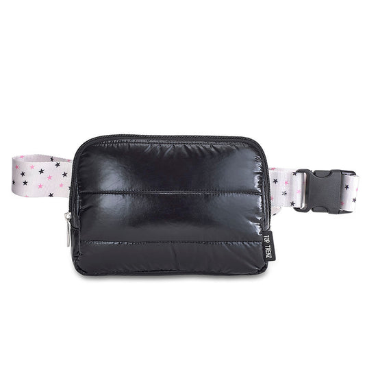 Top Trenz Black Puffer Belt Bag with Twinkle Star Strap – Trendy Crossbody Fanny Pack Bags