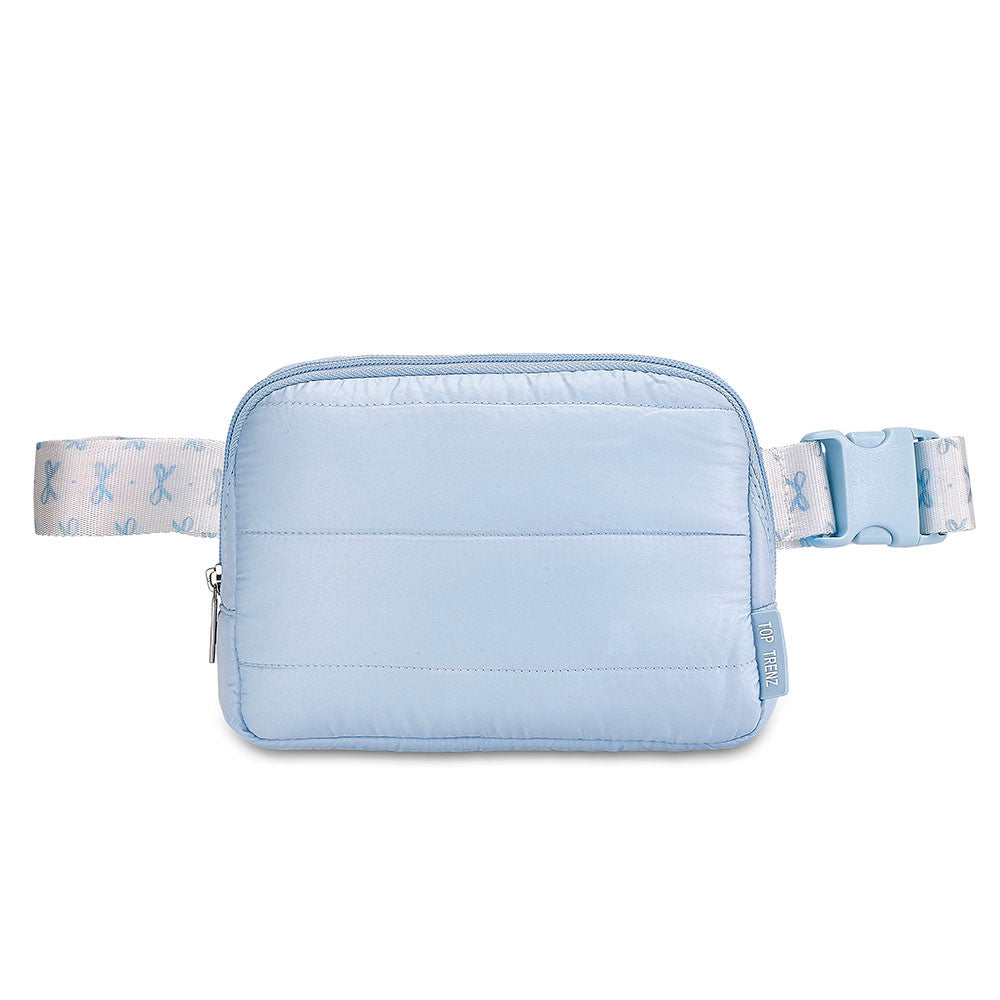 Top Trenz Blue Puffer Belt Bag with Bow Strap – Trendy Crossbody Fanny Pack for Girls Bags