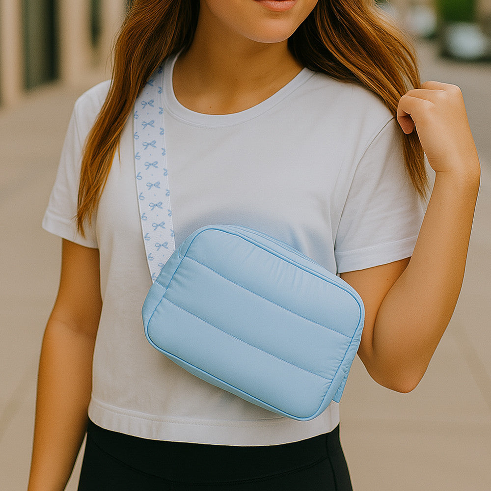Top Trenz Blue Puffer Belt Bag with Bow Strap – Trendy Crossbody Fanny Pack for Girls Bags
