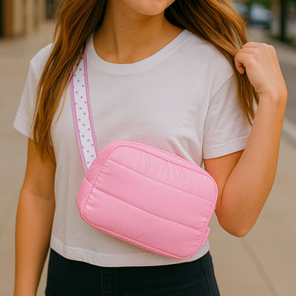 Top Trenz Pink Puffer Belt Bag with Heart Strap – Trendy Crossbody Fanny Pack Bags|Holiday