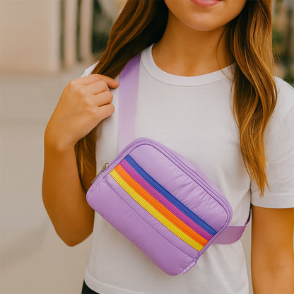 Top Trenz Purple Puffer Striped Belt Bag – Trendy Fanny Pack Crossbody Bags