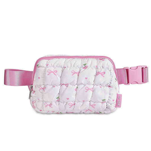 Top Trenz White Puffer Belt Bag with Cherry & Bow Pattern – Trendy Crossbody Fanny Pack for Girls Bags