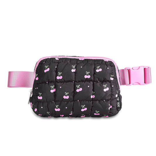 Top Trenz Black Scrunchie Puffer Belt Bag with Cherry Pattern – Trendy Crossbody Fanny Pack for Girls Bags