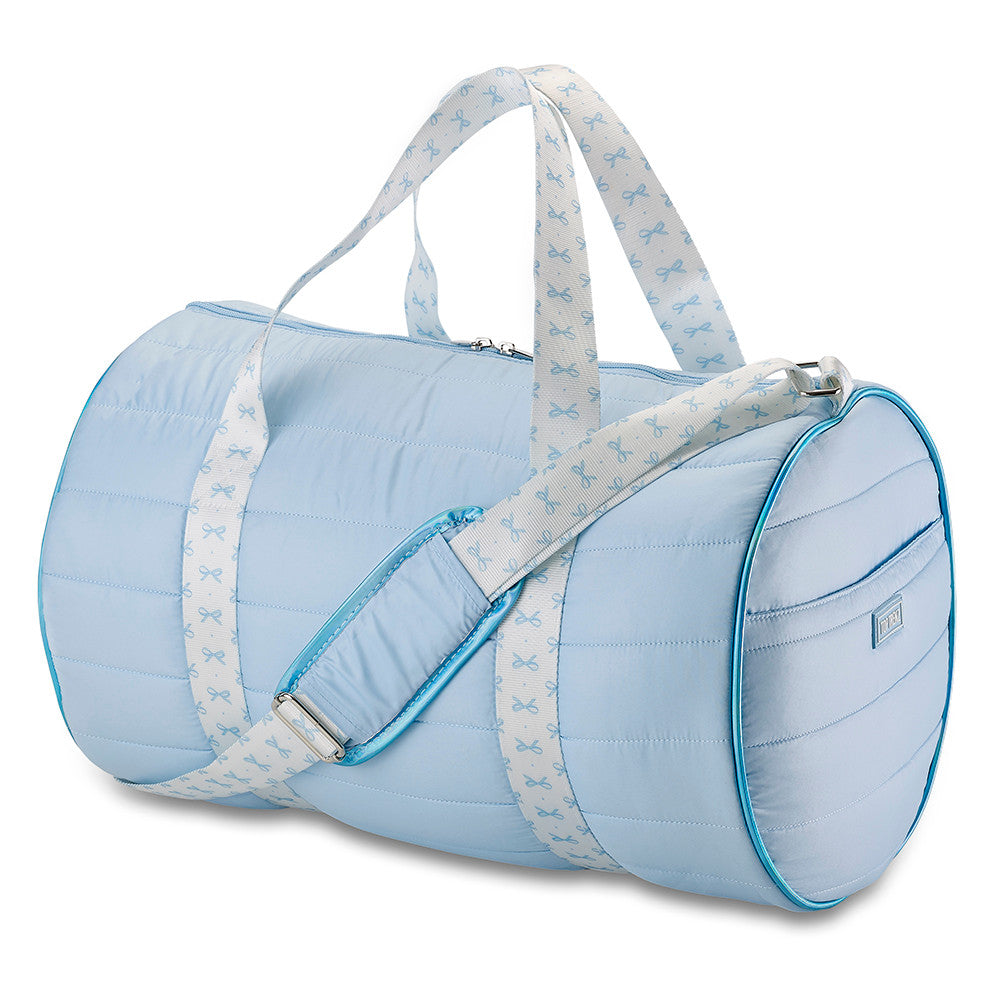 Top Trenz Blue Puffer Duffel Bag with Bow Ribbon Straps – Cute Travel, Gym & Overnight Bag for Girls Bags