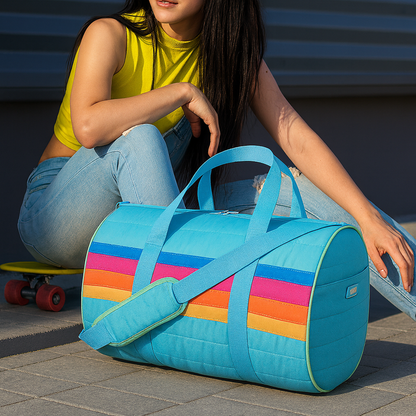 Top Trenz Retro Stripe Blue Puffer Duffle Bag - Trendy Gym & Sleepover Bag Bags