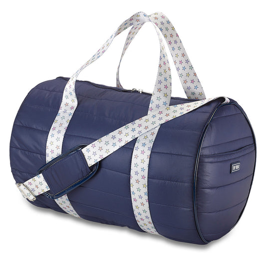 Top Trenz Navy Puffer Duffel Bag with Multicolor Star Straps – Fun Travel, Gym & Overnight Bag for Girls Bags