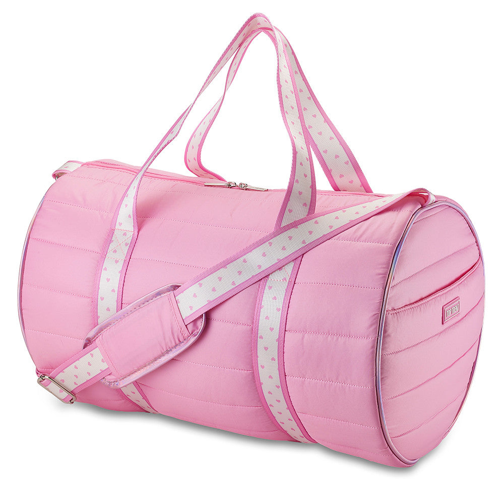 Top Trenz Pink Puffer Duffel Bag with Heart Strap – Trendy Overnight, Gym & Travel Bag for Girls Bags
