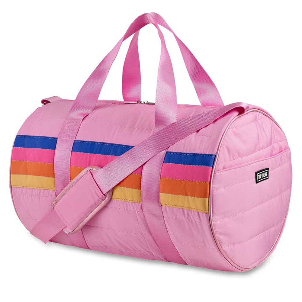 Top Trenz Retro Stripe Pink Puffer Duffle Bag - Trendy Gym & Sleepover Bag Bags