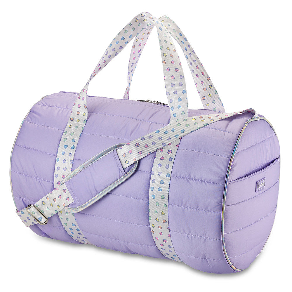 Top Trenz Purple Puffer Duffel Bag with Rainbow Heart Straps – Trendy Overnight, Gym & Travel Bag for Girls and Teens Bags