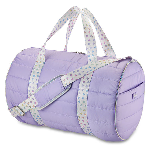 Top Trenz Purple Puffer Duffel Bag with Rainbow Heart Straps – Trendy Overnight, Gym & Travel Bag for Girls and Teens Bags