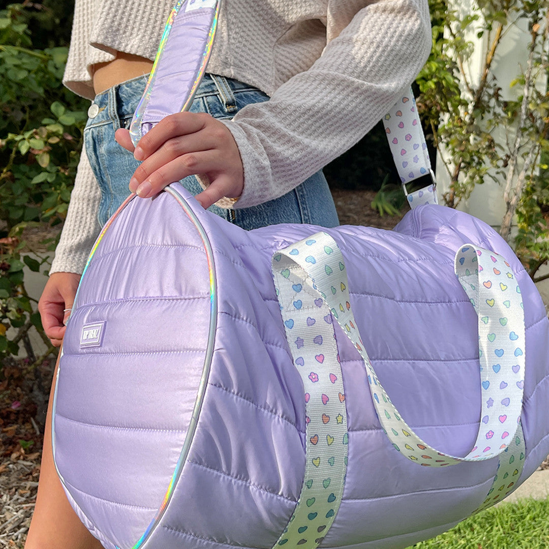 Top Trenz Purple Puffer Duffel Bag with Rainbow Heart Straps – Trendy Overnight, Gym & Travel Bag for Girls and Teens Bags