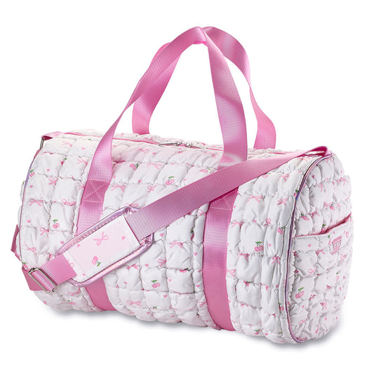 Top Trenz White Scrunchie Puffer Duffel Bag with Bow & Cherry Pattern – Trendy Overnight, Gym & Travel Bag for Girls Bags