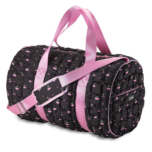 Top Trenz Black Puffer Duffel Bag with Cherry Pattern – Cute Travel, Gym & Overnight Bag for Girls Bags