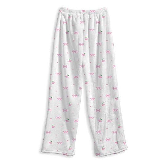 Top Trenz Girls Fuzzy Lounge Pants Cherry And Bows – Soft Cozy Pajama Bottoms Apparel