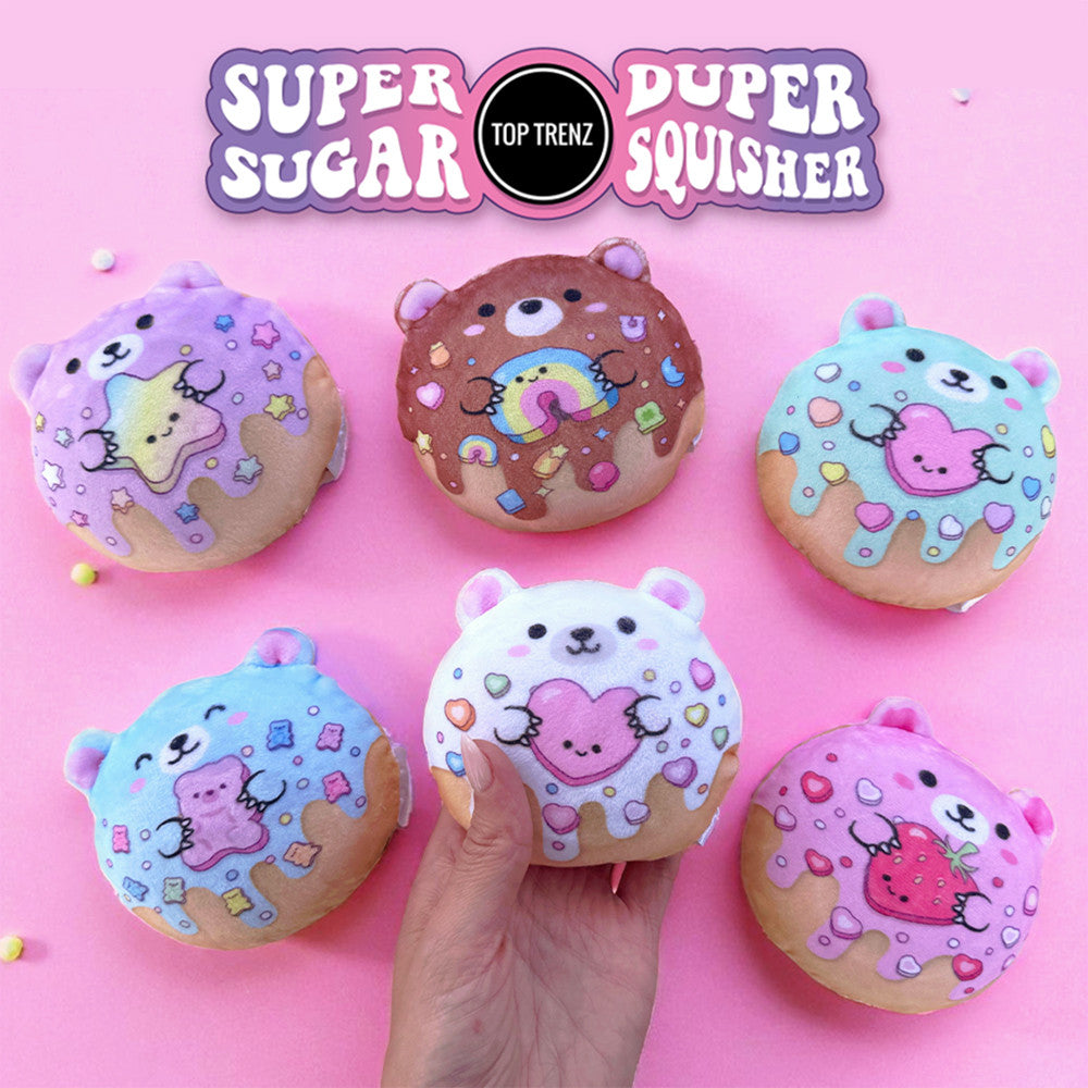 Top Trenz Super Duper Sugar Squishers – Sugar Bear Donuts Plush Fidget Toy - Squishy Stress Relief for Kids Toys|Holiday