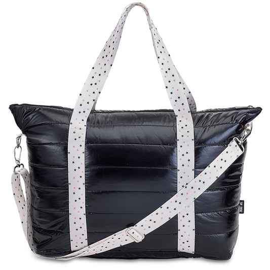 Top Trenz Black Puffer Tote Bag with Twinkle Star Strap – Trendy & Functional with Adjustable Strap Bags