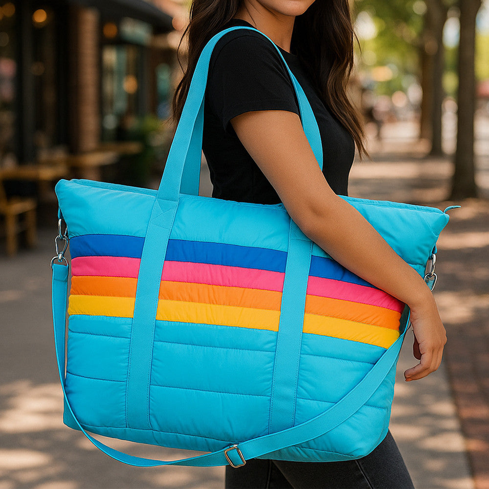Top Trenz Blue Puffer Retro Stripe Tote Bag – Trendy, Lightweight & Stylish Carryall Bags