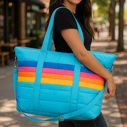 Top Trenz Blue Puffer Retro Stripe Tote Bag – Trendy, Lightweight & Stylish Carryall Bags
