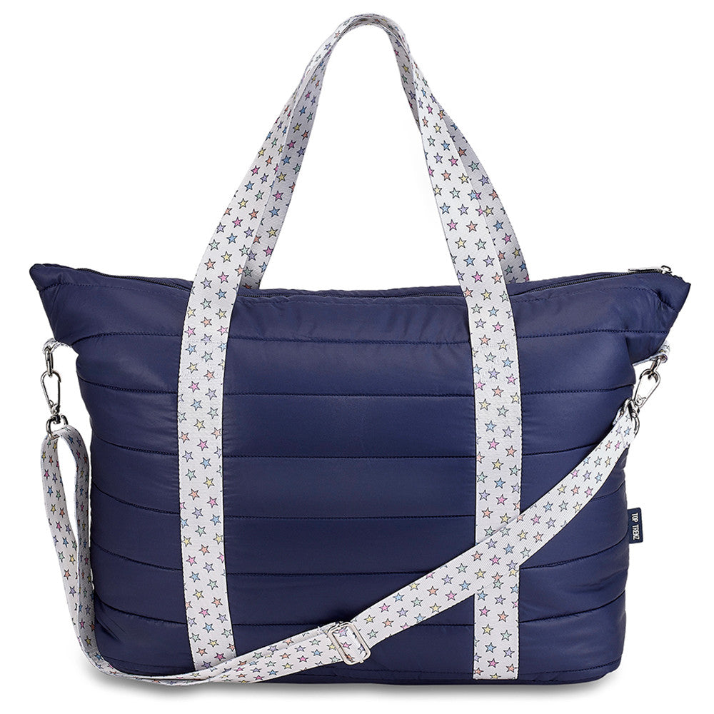 Top Trenz Trendy Navy Weekender Travel Bag with Rainbow Star Straps – Stylish & Spacious Bags