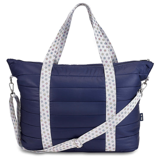 Top Trenz Trendy Navy Weekender Travel Bag with Rainbow Star Straps – Stylish & Spacious Bags