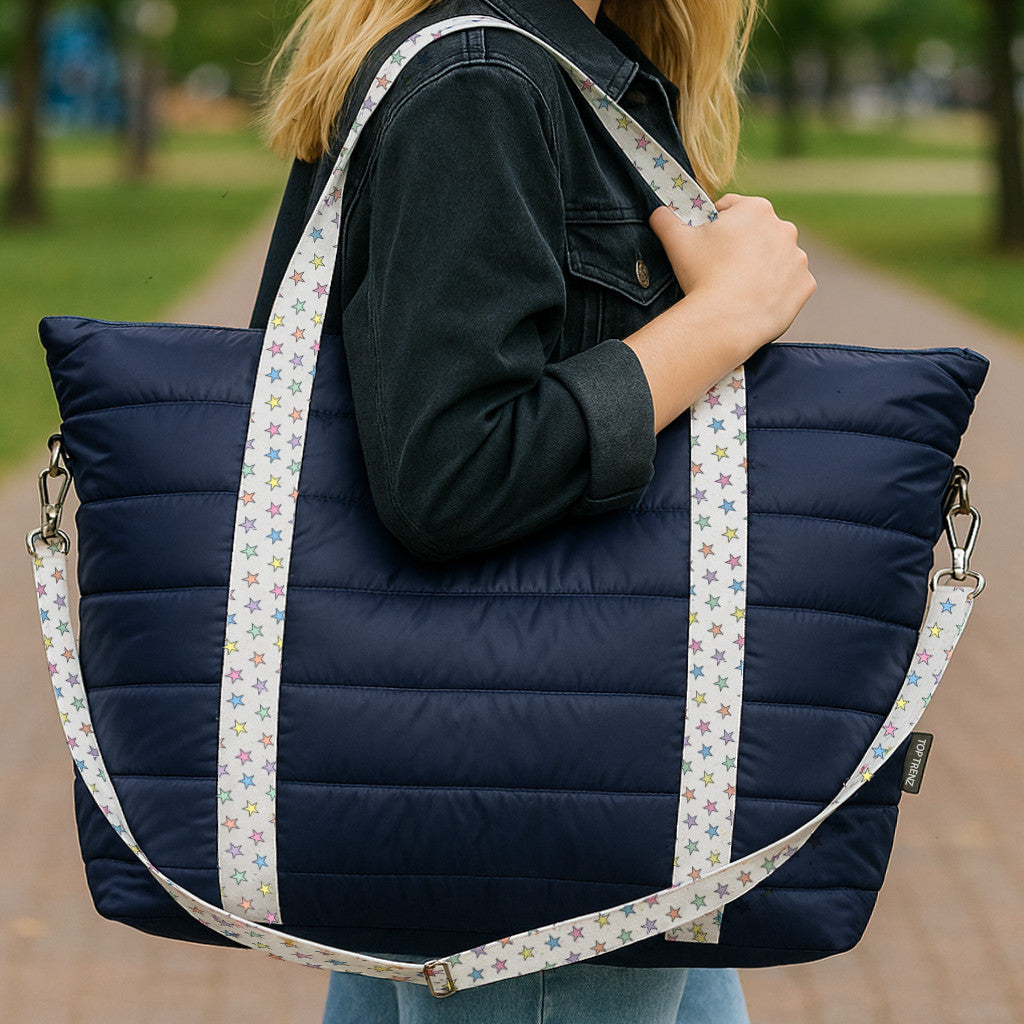 Top Trenz Trendy Navy Weekender Travel Bag with Rainbow Star Straps – Stylish & Spacious Bags