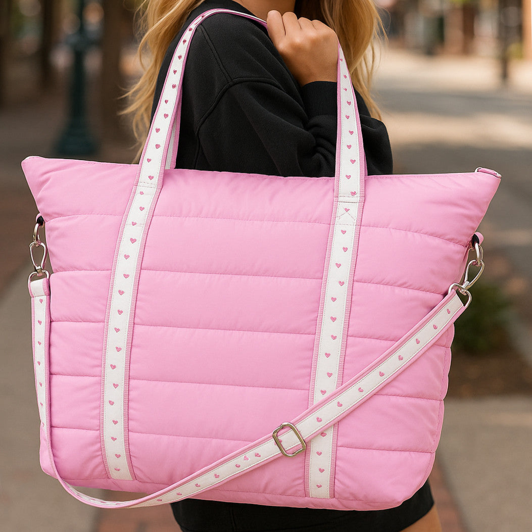 Top Trenz Trendy Pink Puffer Tote Bag – Heart Strap Shoulder Bag Bags|Holiday