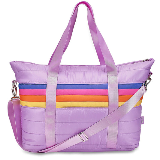 Top Trenz Purple Retro Stripe Puffer Weekender Bag – Stylish Travel Tote for Girls & Teens Bags