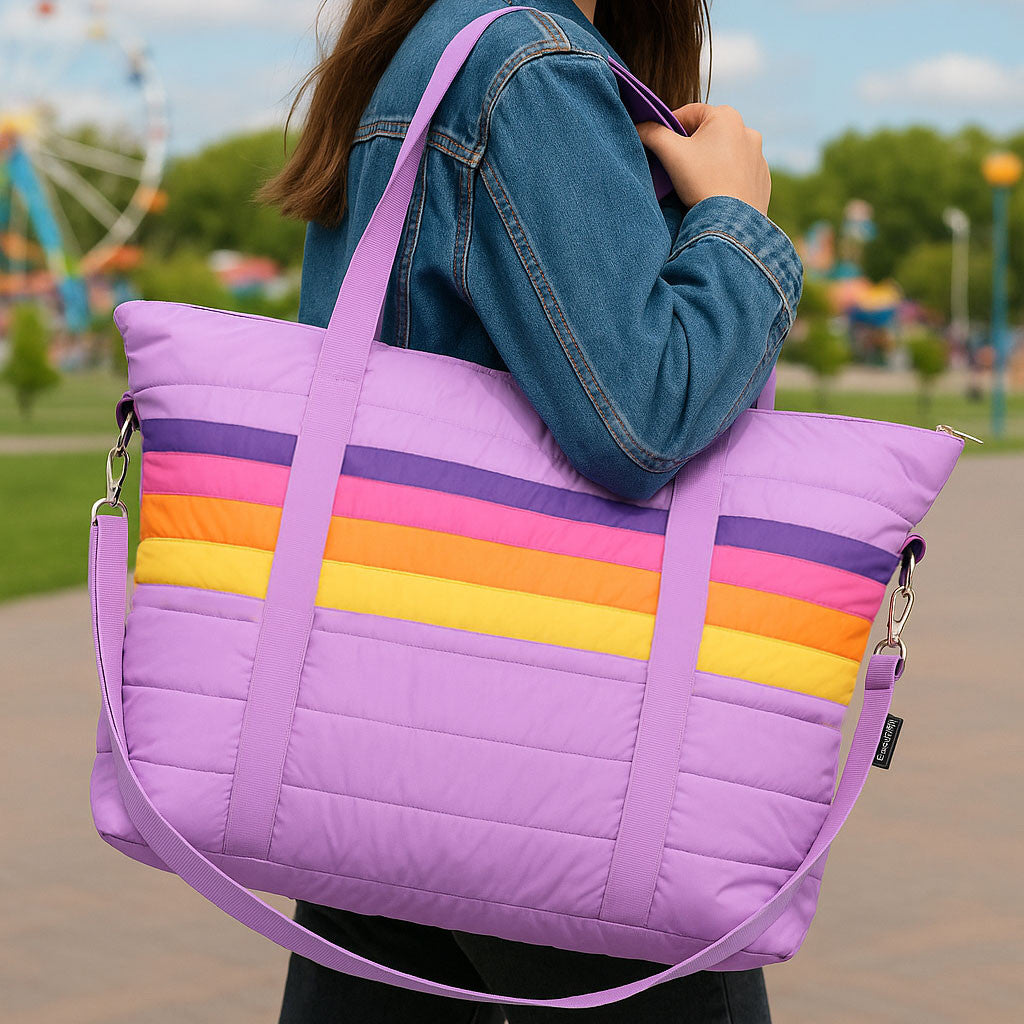 Top Trenz Purple Retro Stripe Puffer Weekender Bag – Stylish Travel Tote for Girls & Teens Bags