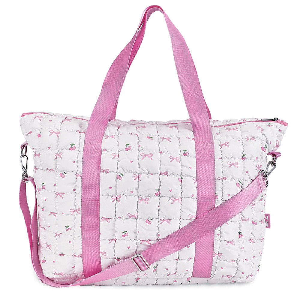 Top Trenz White Puffer Scrunchie Tote Bag – Cherry & Bows Print - Trendy & Cute Everyday Bag Bags