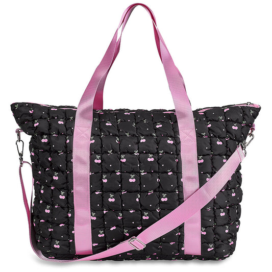 Top Trenz Black Puffer Scrunchie Weekender Tote Bag – Cherry Print with Adjustable Strap Bags