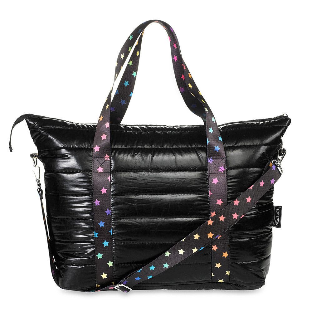 Top Trenz Amazing Black Puffer Tote With Decorative Straps Bags