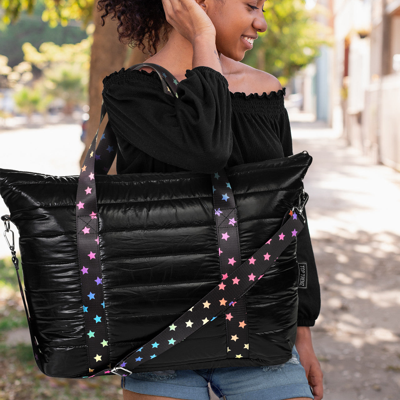 Top Trenz Amazing Black Puffer Tote With Decorative Straps Bags
