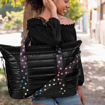 Top Trenz Amazing Black Puffer Tote With Decorative Straps Bags